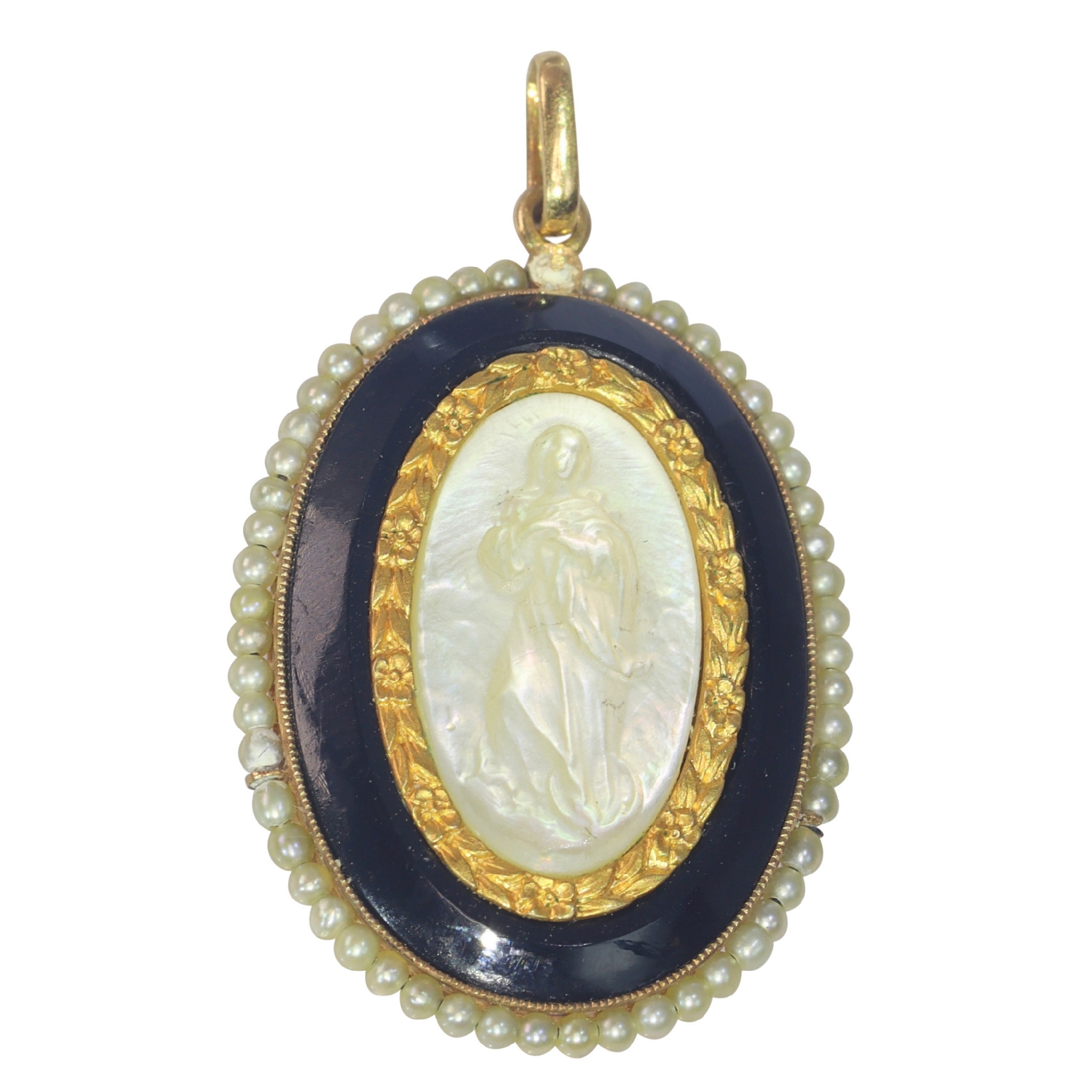 Vintage antique late Victorian 18K gold pendant Mother Mary medal in plate of mother-of-pearl with onyx and seed pearls